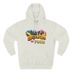 Natural cream Brooklyn As Fuck graffiti hoodie laid flat, colour street-art print