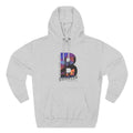 Heather Grey Brooklyn As Fuck hoodie laid flat, NYC skyline inside a big letter B
