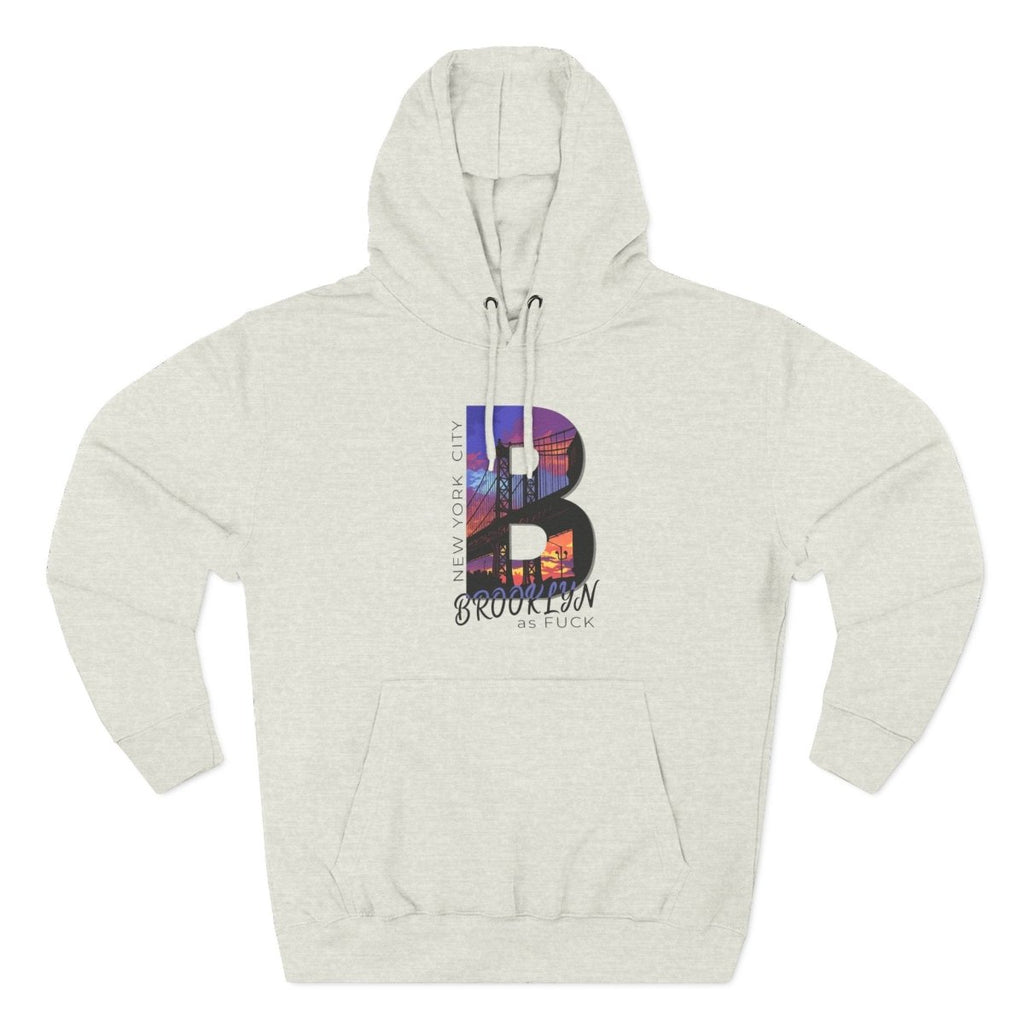 Natural cream Brooklyn As Fuck hoodie laid flat with the skyline B front print