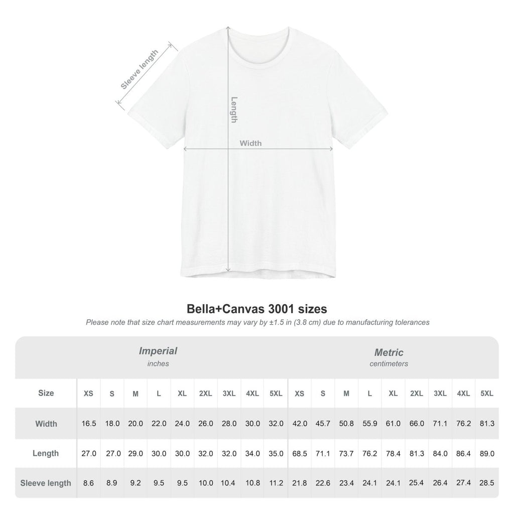 Bella + Canvas 3001 size chart with chest width and body length in inches and centimetres