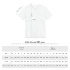 Bella + Canvas 3001 size chart with chest width and body length in inches and centimetres