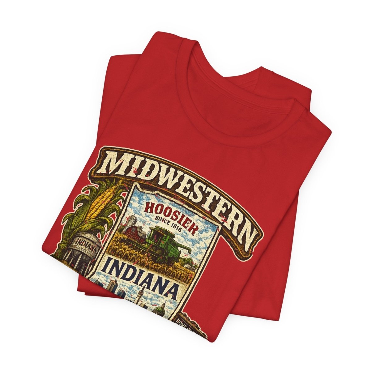 Red Indiana Midwestern AF tee folded to show the Hoosier crest