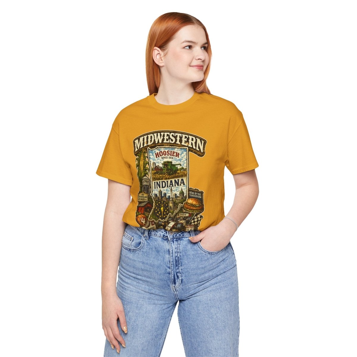 Woman with red hair wearing the Mustard Indiana Midwestern AF tee