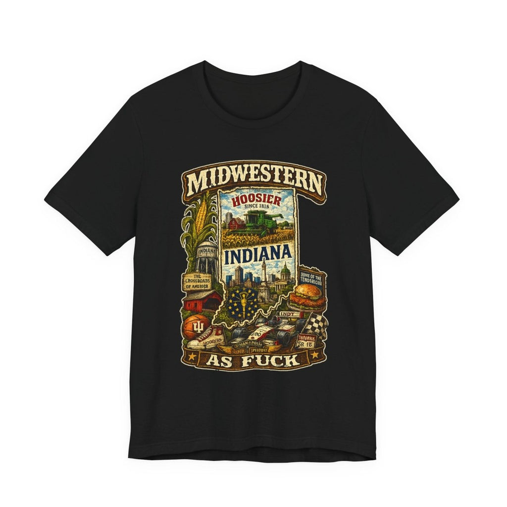 Black Indiana Midwestern As Fuck tee laid flat with the state crest artwork