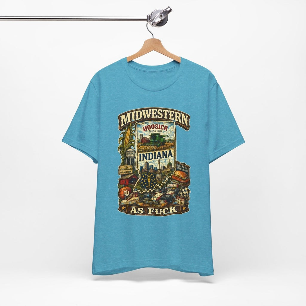 Heather Aqua Indiana Midwestern As Fuck tee hanging on a wooden hanger