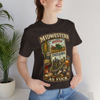 Woman beside a potted plant wearing the Brown Indiana Midwestern As Fuck tee