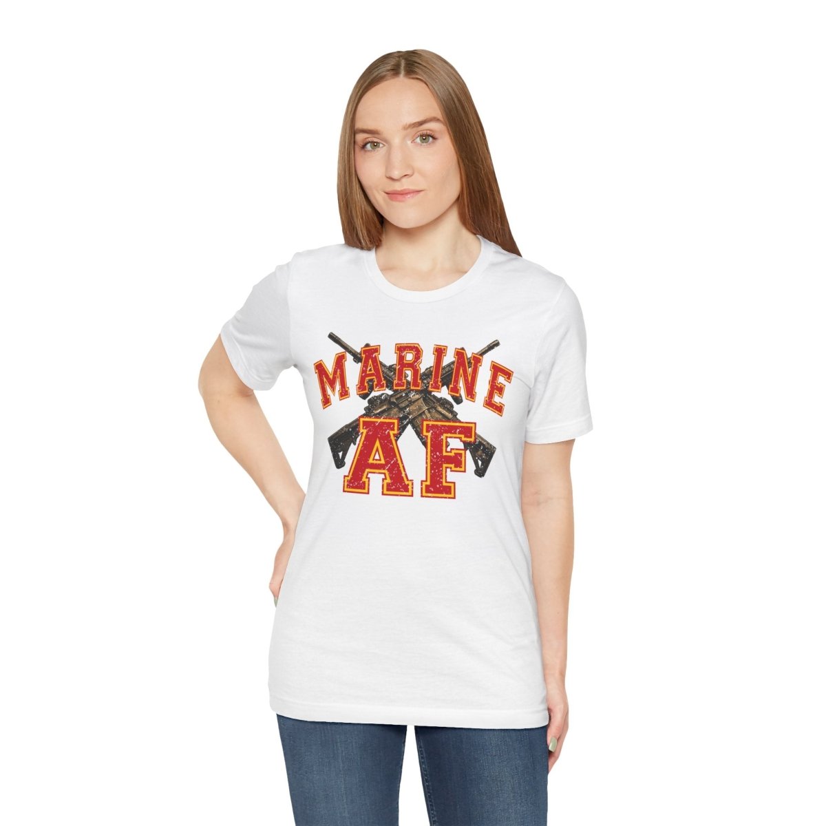 Marine AF Shirt | USMC Marine AF Front Print T-Shirt with Crossed Rifles Design - Anything AF