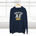 Navy Midwestern AF corn hoodie hanging on a wooden hanger by a window
