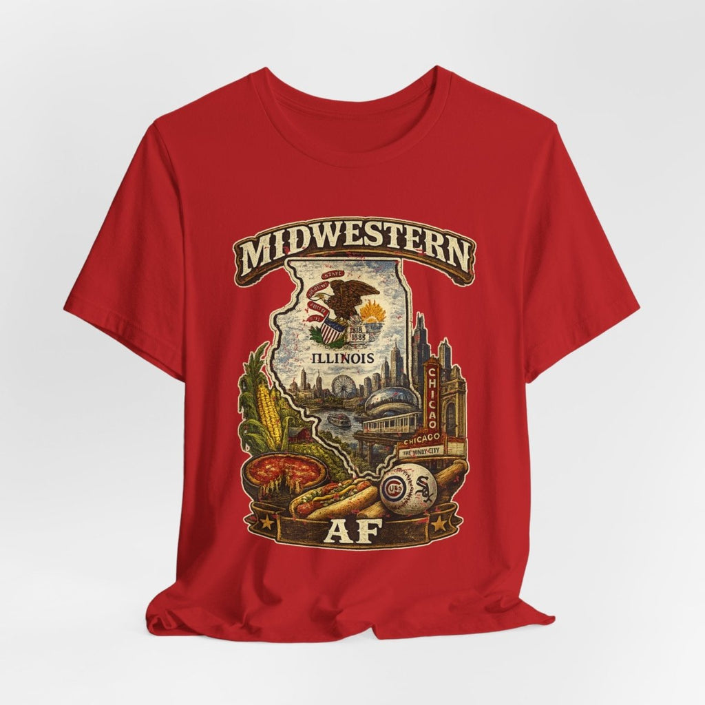 Red Illinois Midwestern AF tee draped loosely with the state crest