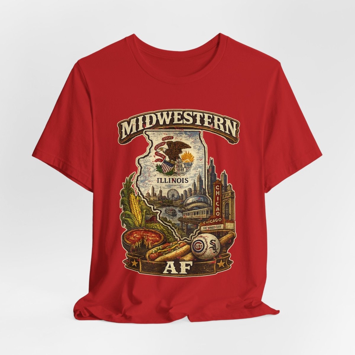 Red Illinois Midwestern AF tee draped loosely with the state crest