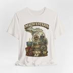 Vintage White Michigan Midwestern AF tee draped loosely with the state crest