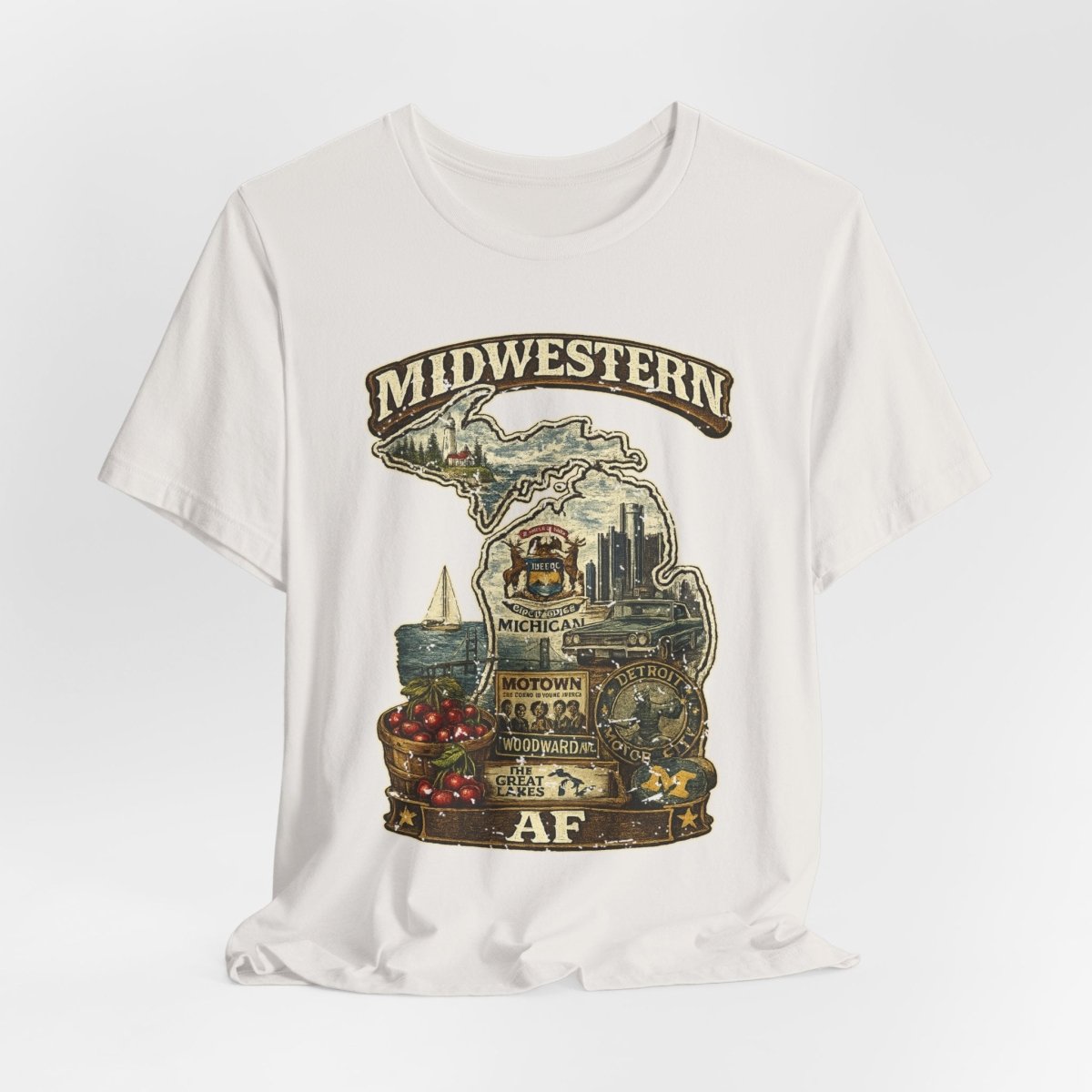 Vintage White Michigan Midwestern AF tee draped loosely with the state crest