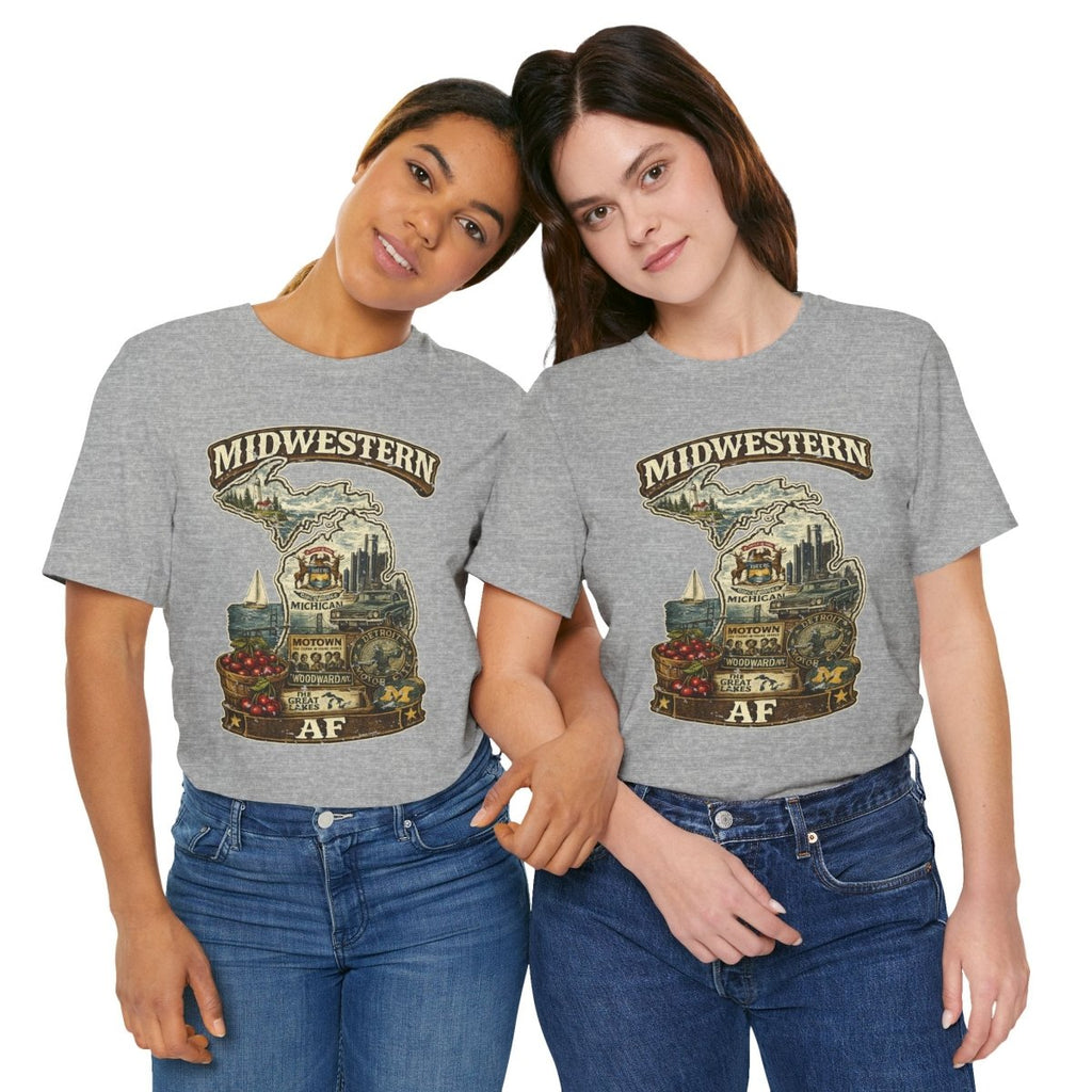 Two women standing together in Athletic Heather Michigan Midwestern AF T-shirts