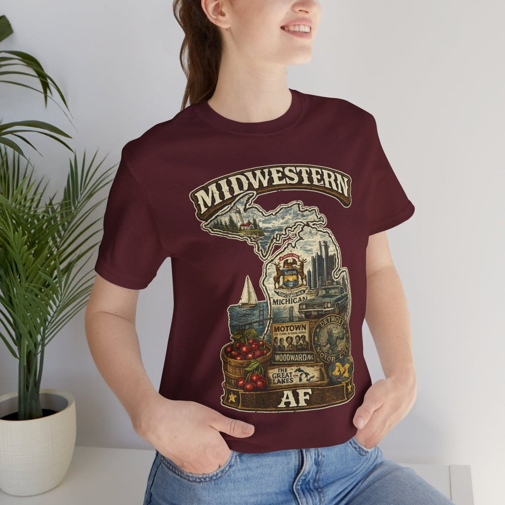 Woman beside a potted plant wearing the Maroon Michigan Midwestern AF tee