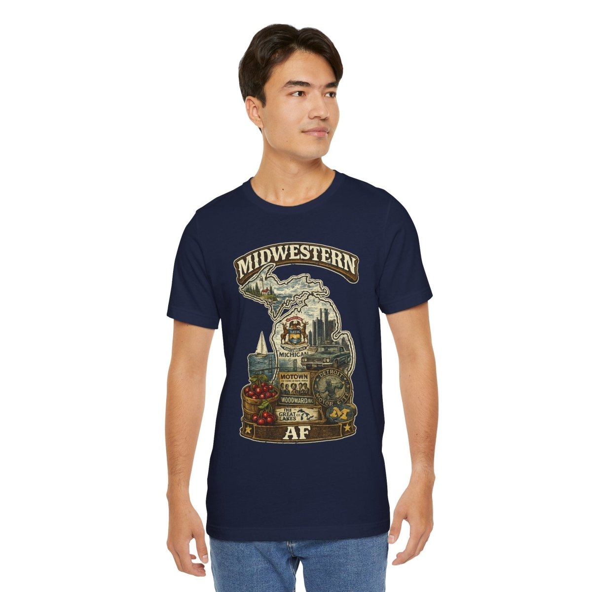 Man wearing the Navy Michigan Midwestern AF tee, full front view