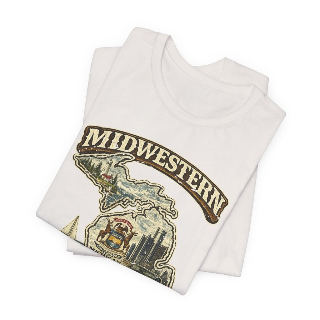 Vintage White Michigan Midwestern AF tee folded, state crest artwork in view