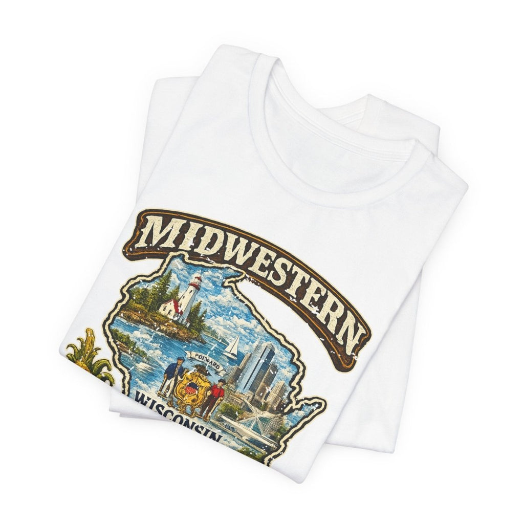 White Wisconsin Midwestern AF tee folded to show the badge graphic