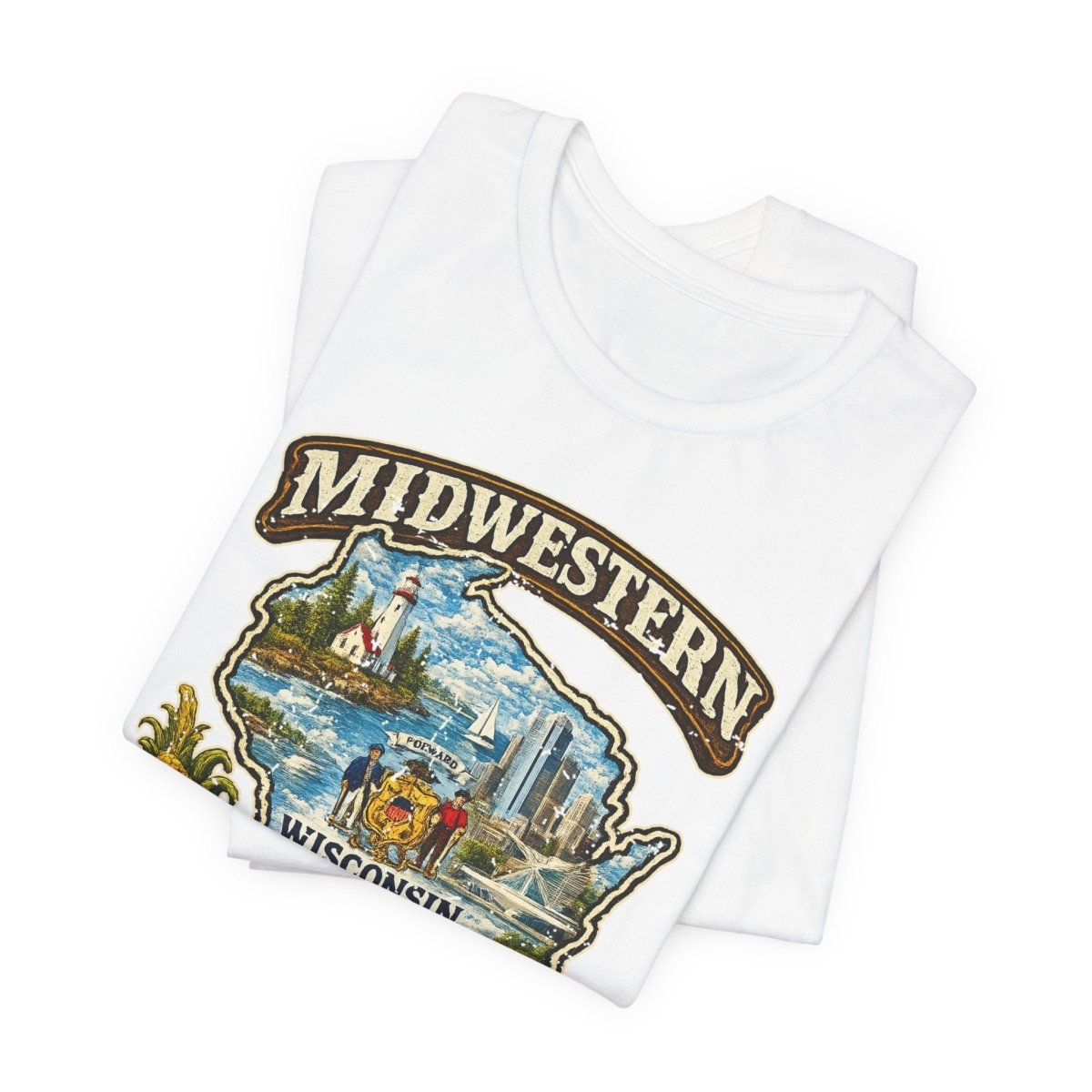 White Wisconsin Midwestern AF tee folded to show the badge graphic