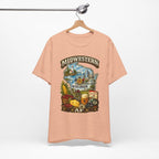 Heather Peach Wisconsin Midwestern AF tee hanging on a wooden hanger