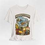 Vintage White Wisconsin Midwestern AF tee draped loosely with the state badge