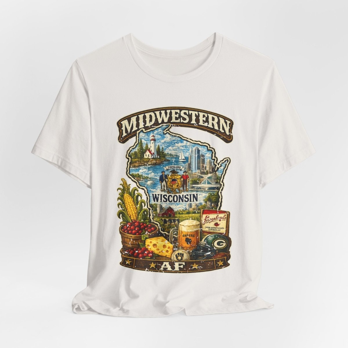 Vintage White Wisconsin Midwestern AF tee draped loosely with the state badge