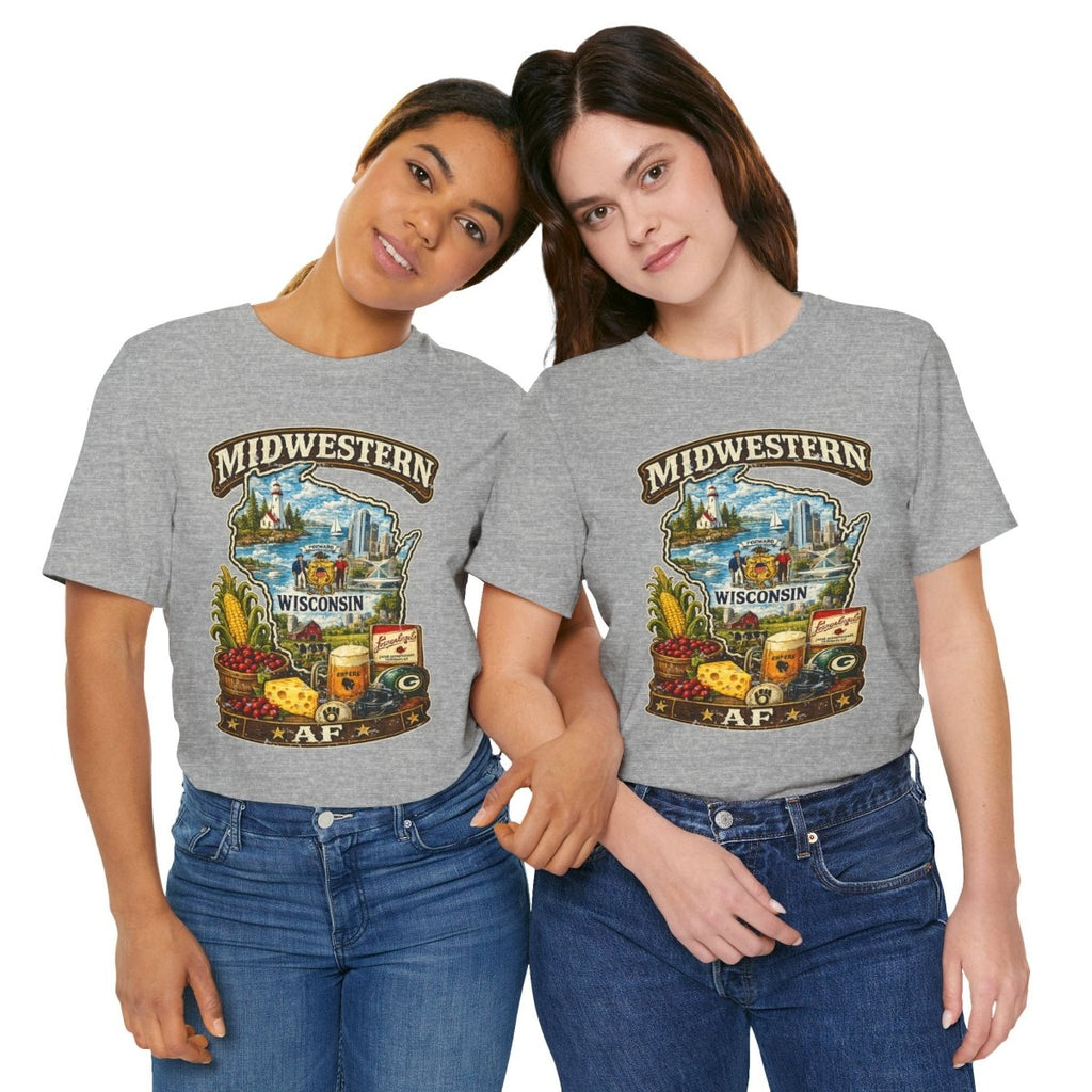 Two women standing together in Athletic Heather Wisconsin Midwestern AF T-shirts