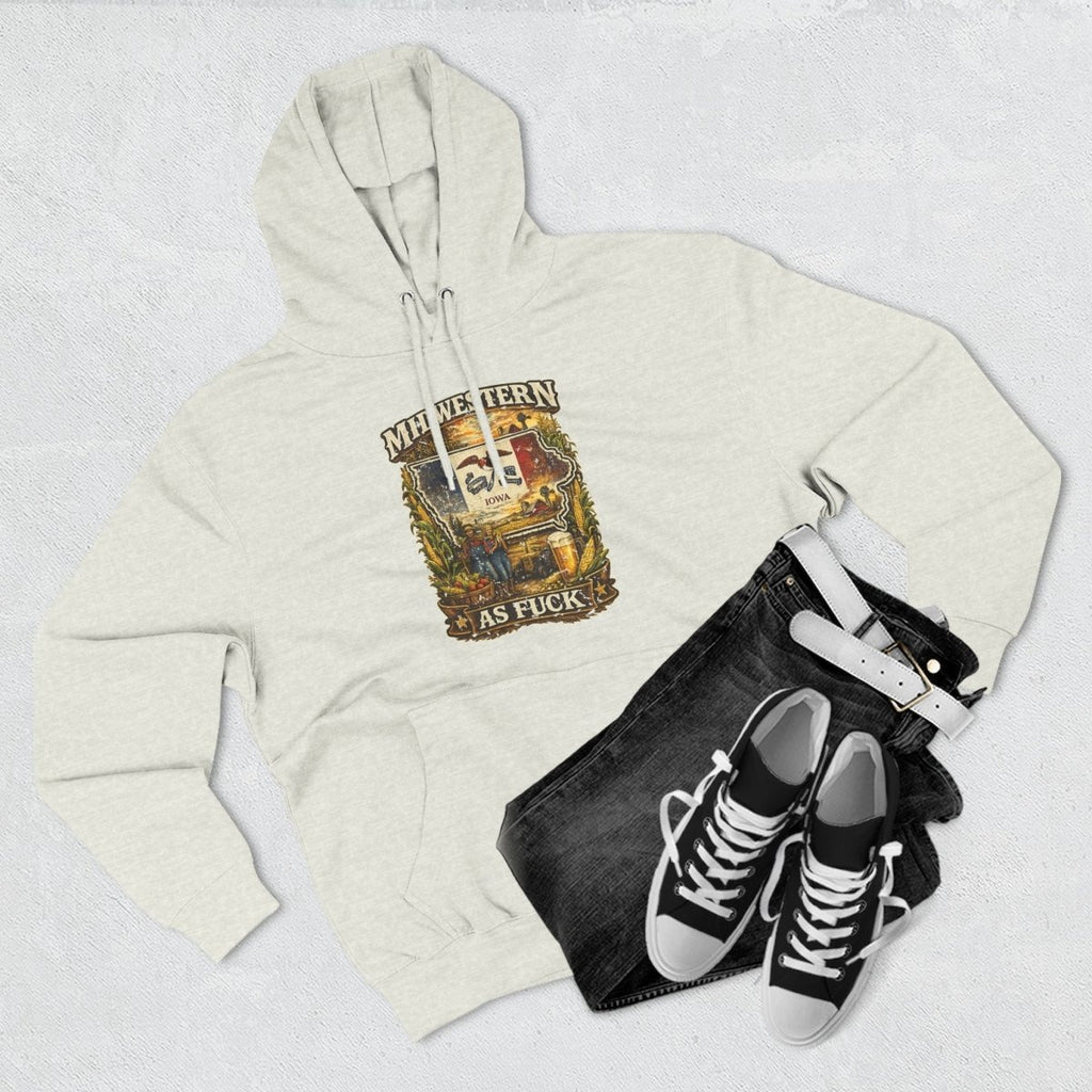 Oatmeal Heather Iowa Midwestern As Fuck hoodie styled flat with sneakers