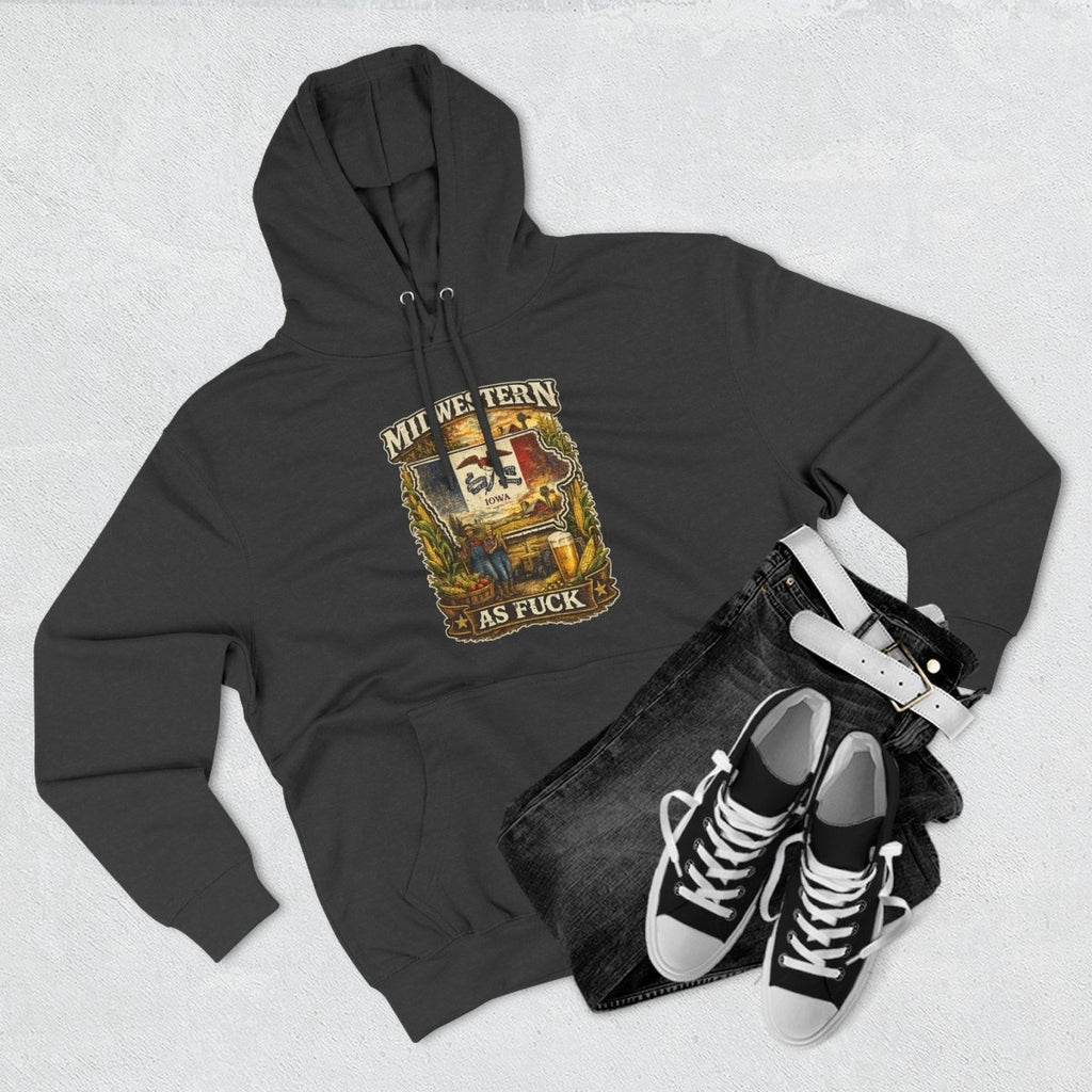 Charcoal Heather Iowa Midwestern As Fuck hoodie styled flat with sneakers