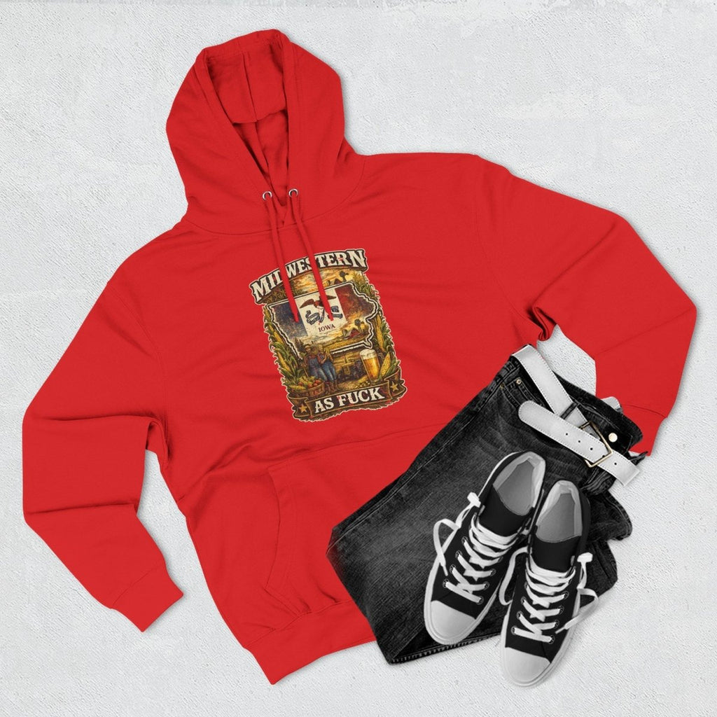 Red Iowa Midwestern As Fuck hoodie styled flat with black and white sneakers
