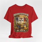 Red Iowa Midwestern As Fuck tee draped loosely with the Iowa flag crest