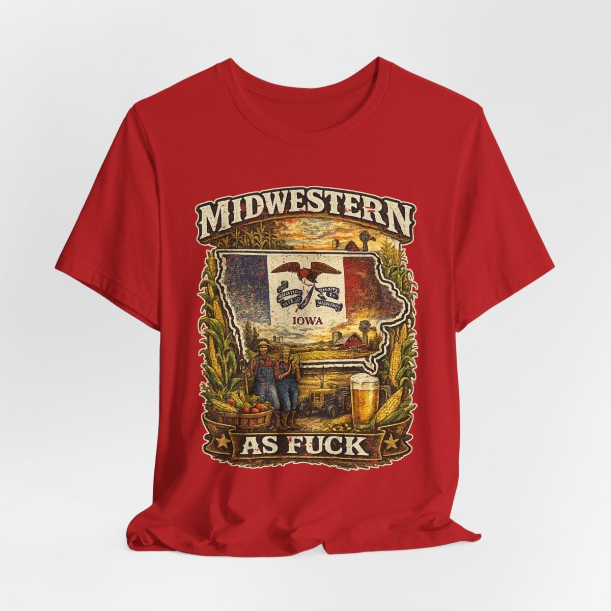 Red Iowa Midwestern As Fuck tee draped loosely with the Iowa flag crest