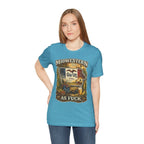 Woman wearing the Heather Aqua Iowa Midwestern As Fuck tee, full length view