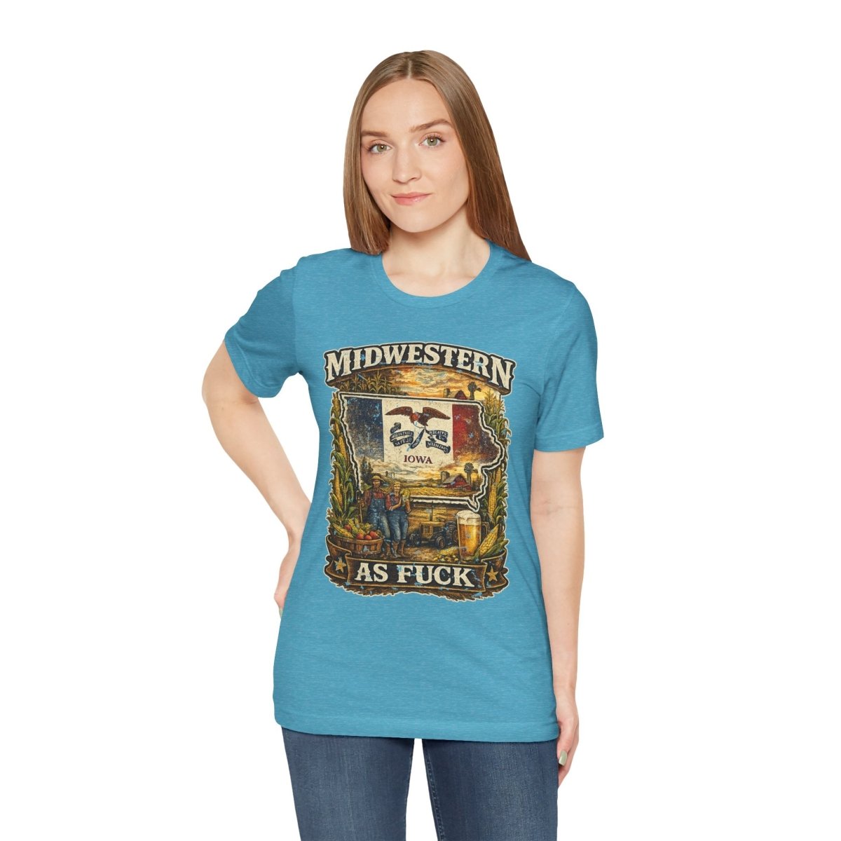 Woman wearing the Heather Aqua Iowa Midwestern As Fuck tee, full length view