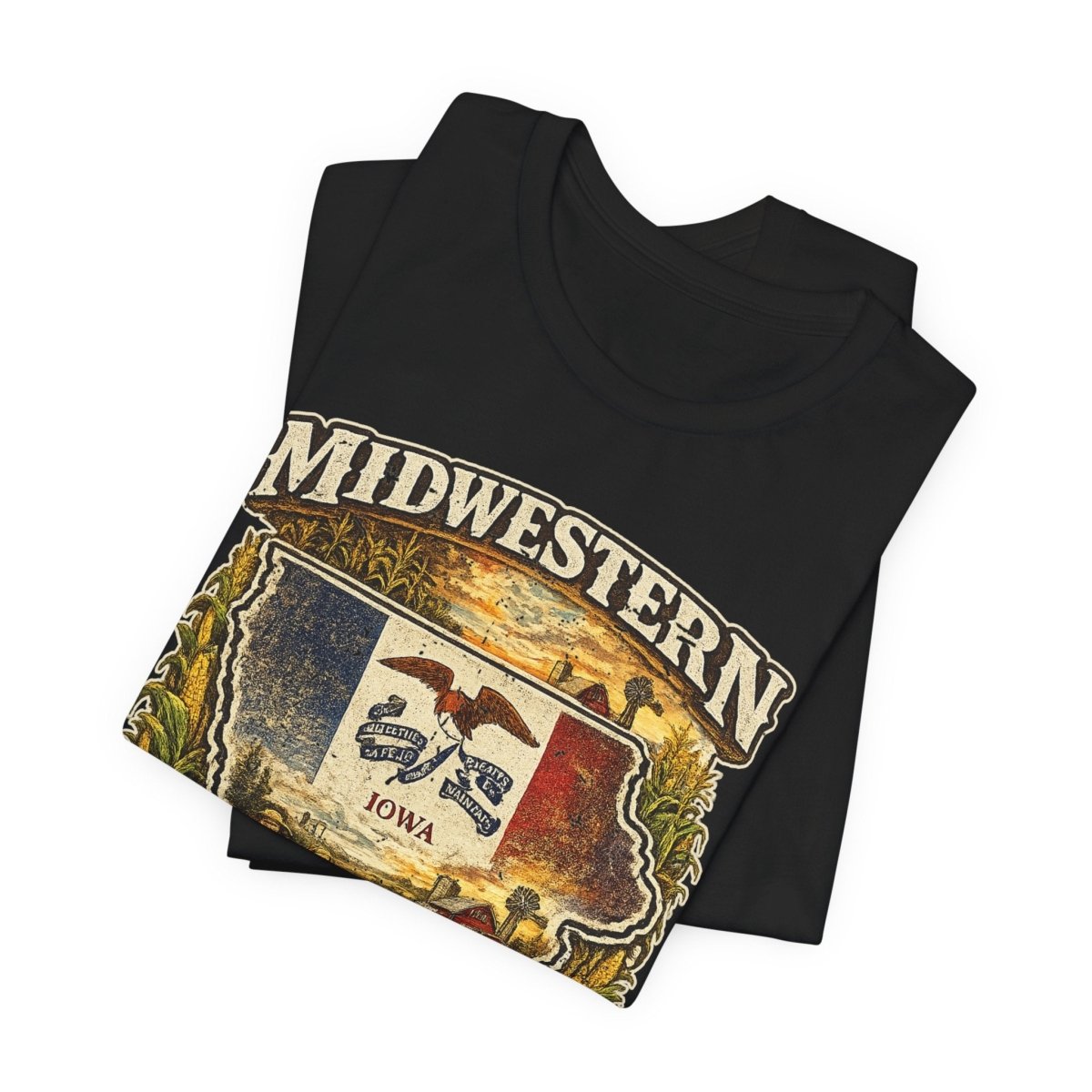 Black Iowa Midwestern As Fuck tee folded to show the state crest