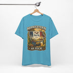 Heather Aqua Iowa Midwestern As Fuck tee hanging on a wooden hanger