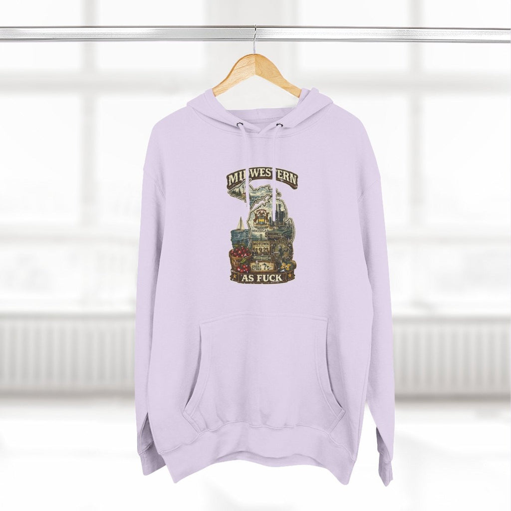 Lilac Michigan Midwestern As Fuck hoodie hanging on a wooden hanger by a window