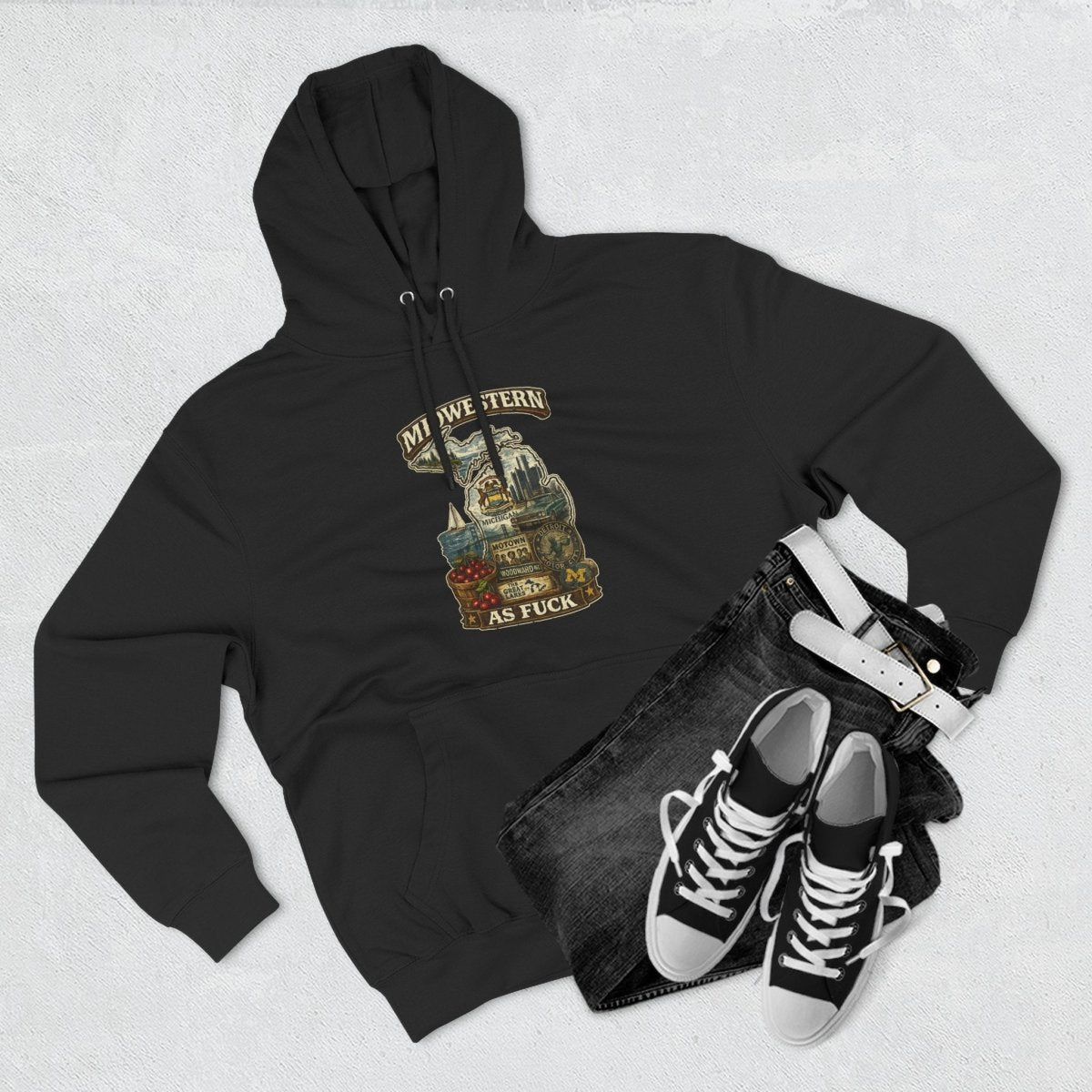 Charcoal Heather Michigan Midwestern As Fuck hoodie styled flat with sneakers and a hat