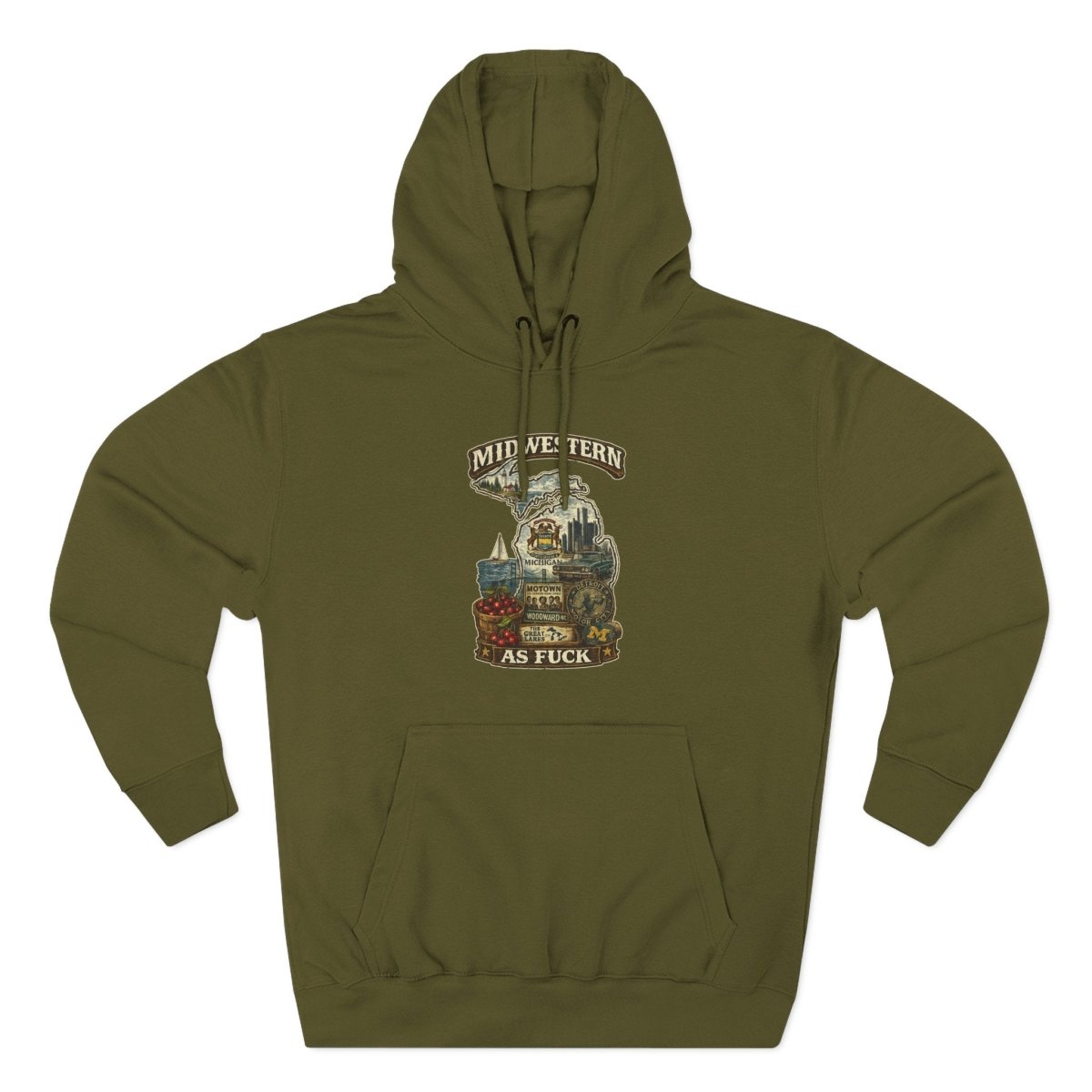 Army Green Midwestern As Fuck Michigan hoodie laid flat with the state crest