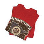 Red Minnesota Midwestern As Fuck tee folded, state crest artwork in view