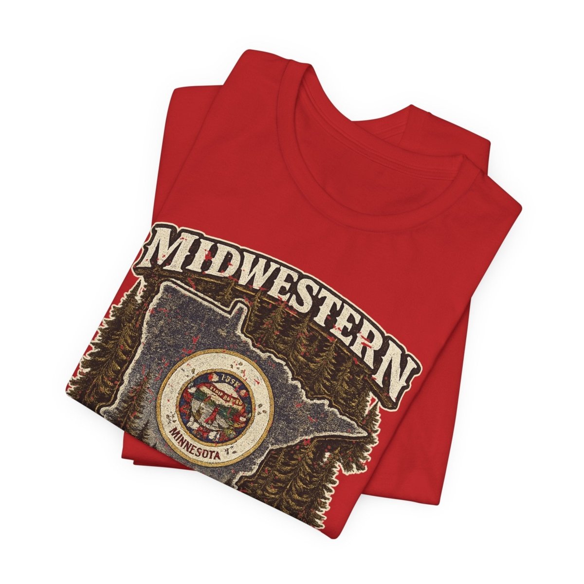 Red Minnesota Midwestern As Fuck tee folded, state crest artwork in view