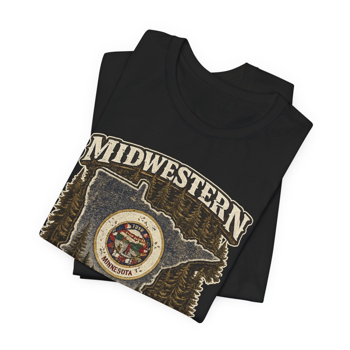Black Minnesota Midwestern As Fuck tee folded to show the state crest