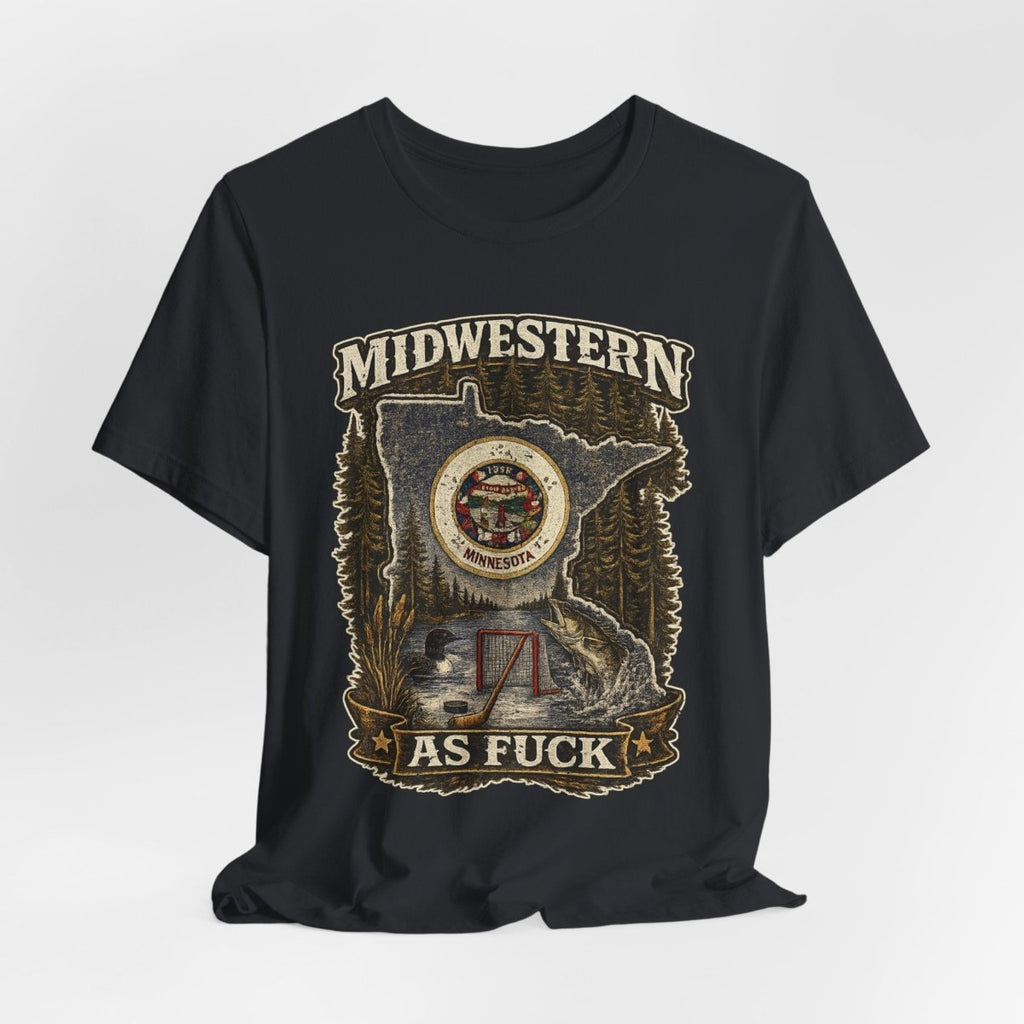 Vintage Black Minnesota Midwestern As Fuck tee draped loosely with the state crest