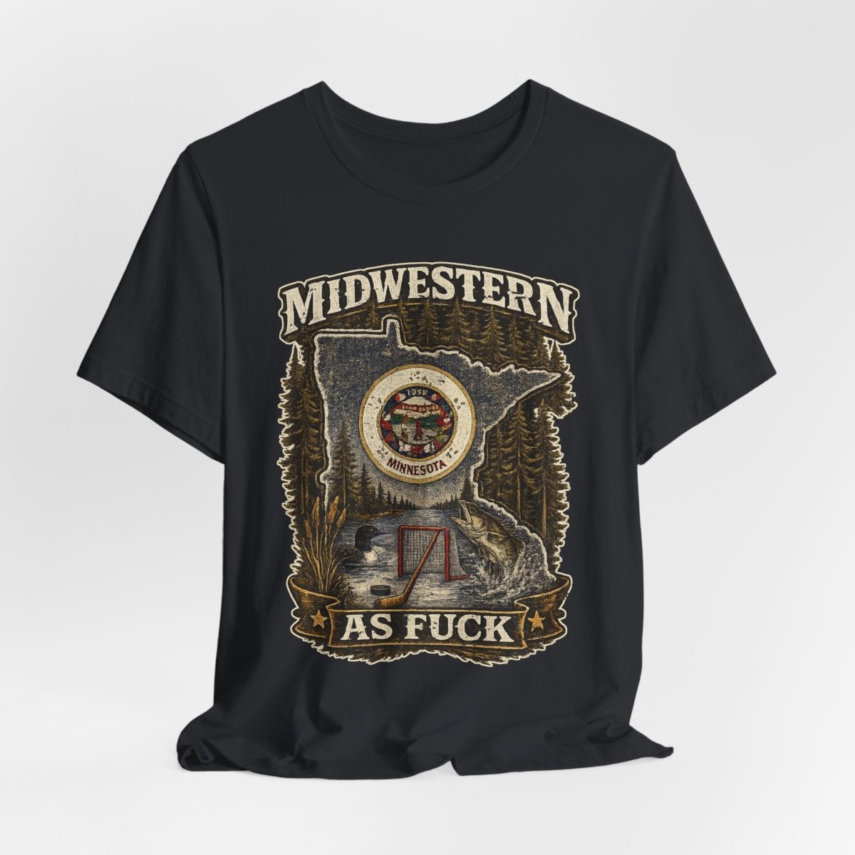 Vintage Black Minnesota Midwestern As Fuck tee draped loosely with the state crest