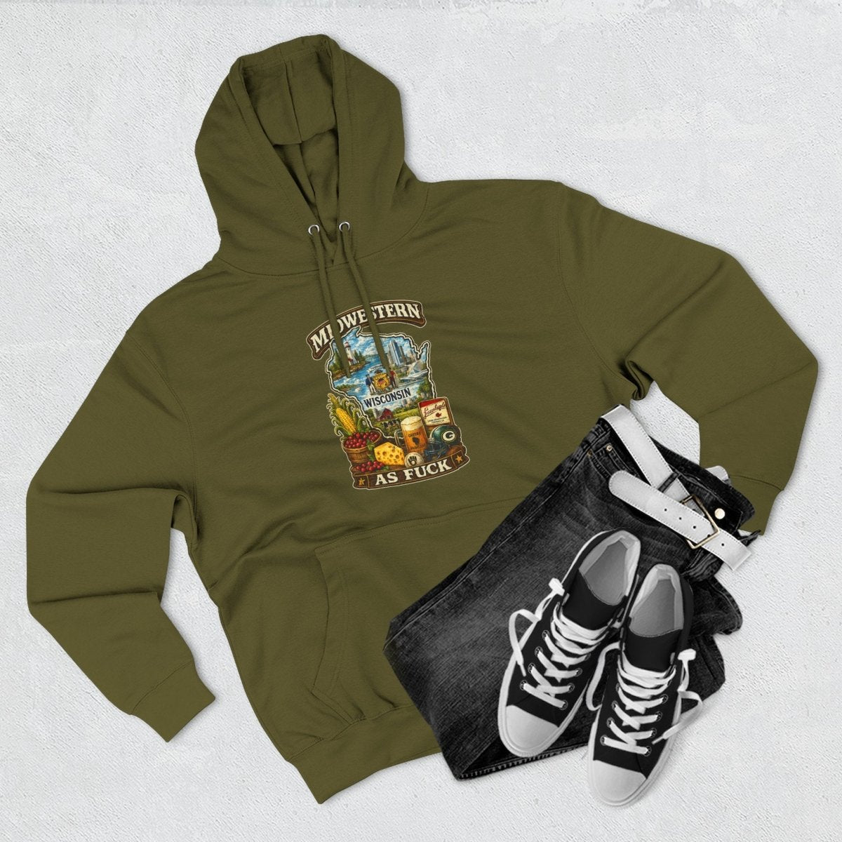 Army Green Midwestern As Fuck Wisconsin hoodie styled flat with sneakers and a hat