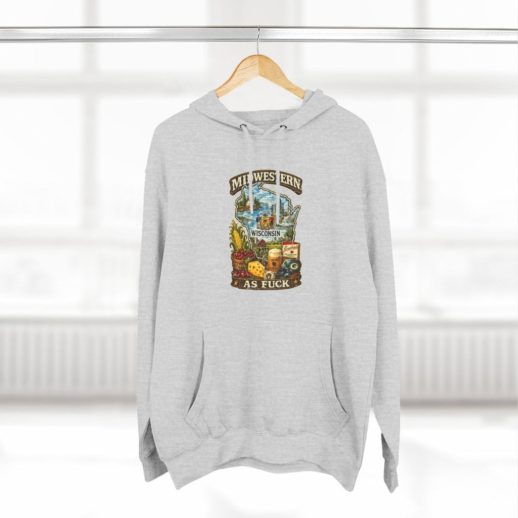 Heather Grey Wisconsin Midwestern As Fuck hoodie on a wooden hanger by a window