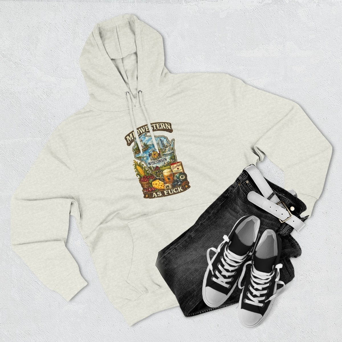 Oatmeal Heather Wisconsin Midwestern As Fuck hoodie styled flat with sneakers