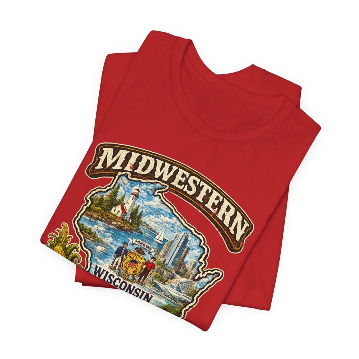 Red Wisconsin Midwestern As Fuck tee folded to show the state badge artwork