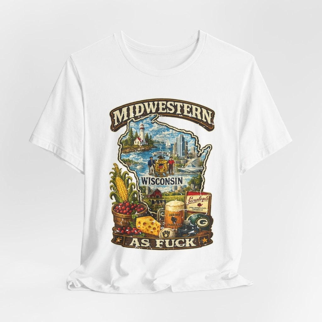 White Wisconsin Midwestern As Fuck tee draped loosely on a white surface