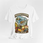 White Wisconsin Midwestern As Fuck tee draped loosely on a white surface
