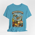 Heather Aqua Wisconsin Midwestern As Fuck tee draped loosely on a white surface